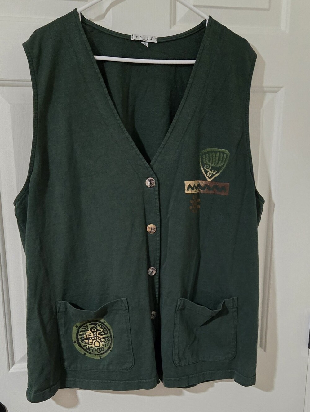 Vintage 90s Focus Green Button Down Vest Hand Painted Womens Sz XL Aztec Art